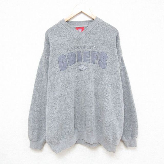 XL★古着 長袖 スウェット メンズ 00年代 00s NFL カンザスシティチーフス 刺繍 大きいサイズ Vネック グレー 霜降り アメフト スーパーボウル 25mar18 中古 スエット トレーナー トップス