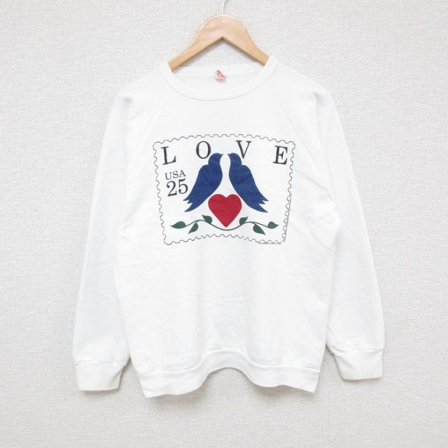 【50%OFF】M★古着 長袖 スウェット メンズ 80年代 80s ハート ハト クルーネック USA製 白 ホワイト 25mar18 中古 スエット トレーナー トップス