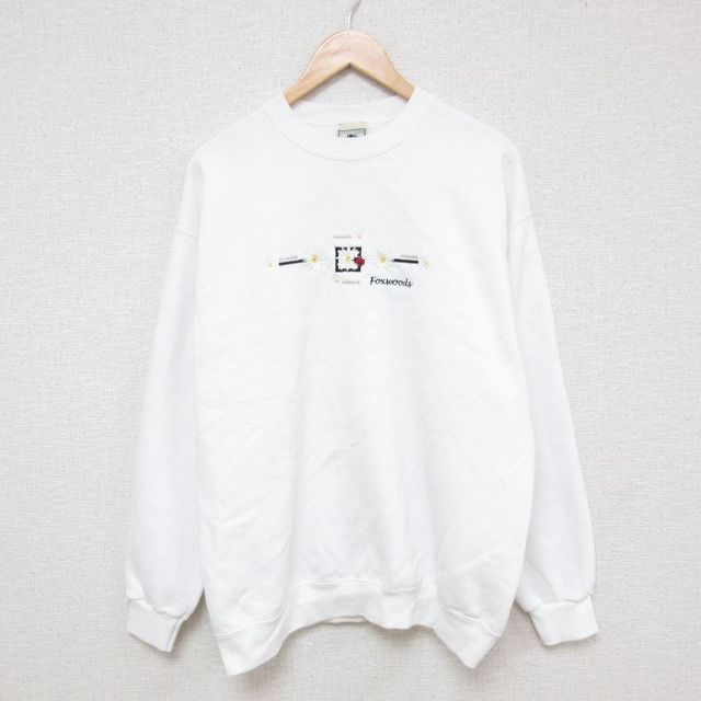 L★古着 リー Lee 長袖 スウェット メンズ 00年代 00s 花 刺繍 クルーネック 白 ホワイト 25mar18 中古 スエット トレーナー トップス