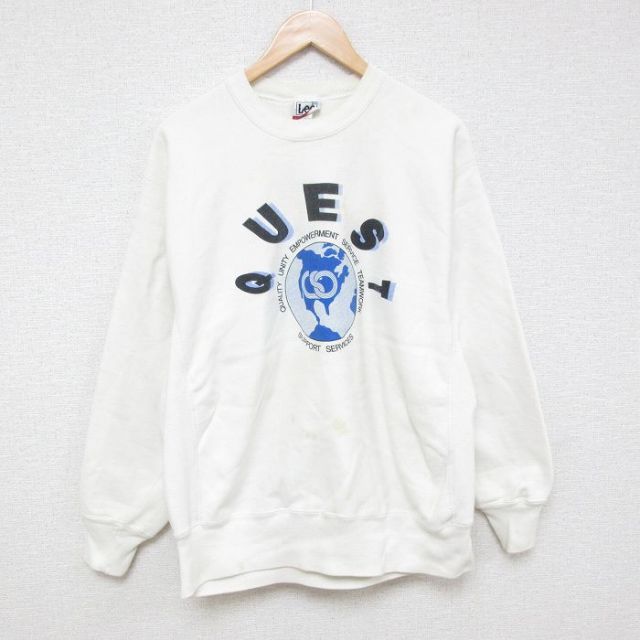 L★古着 リー Lee 長袖 スウェット メンズ 90年代 90s 地球 クルーネック USA製 白 ホワイト 25mar18 中古 スエット トレーナー トップス