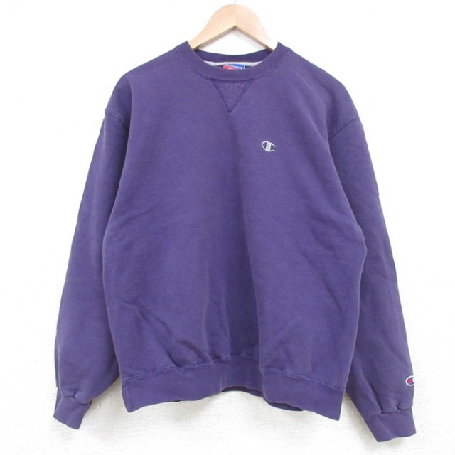 M★古着 チャンピオン Champion 長袖 スウェット メンズ 00年代 00s ワンポイントロゴ クルーネック 紫 パープル 25mar18 中古 スエット トレーナー トップス