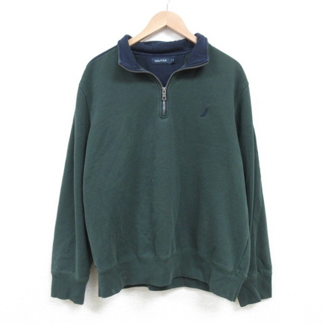 L★古着 ノーティカ NAUTICA 長袖 ブランド ハーフジップ スウェット メンズ 00年代 00s ワンポイントロゴ ツートンカラー 緑他 グリーン 25mar18 中古 スエット トレーナー トップス