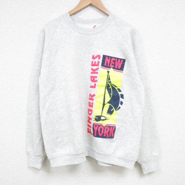 【20%OFF】L★古着 ジャージーズ 長袖 スウェット メンズ 90年代 90s FINGER LAKES ラグラン クルーネック USA製 薄グレー 霜降り 25mar19 中古 スエット トレーナー トップス
