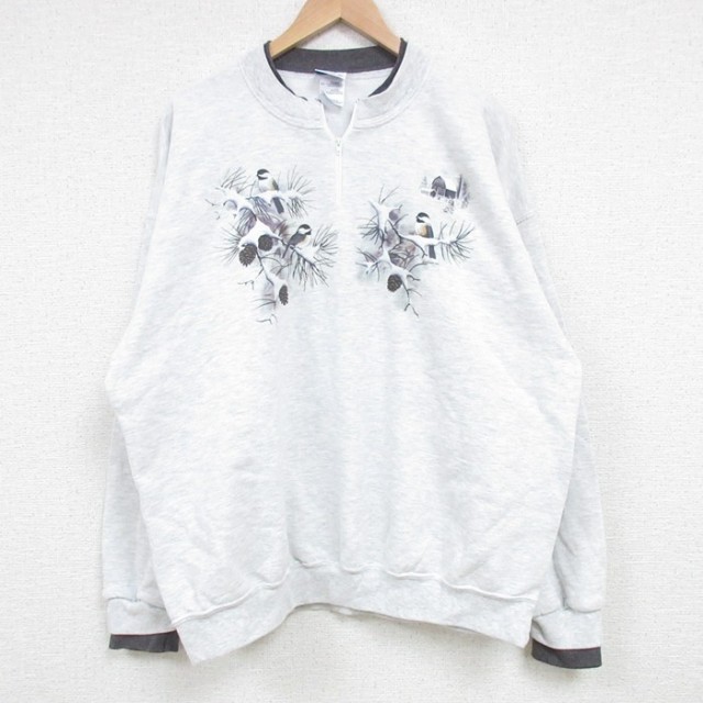 スウェット ハーフジップ 鳥 グレー XL | 古着