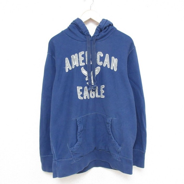XL★古着 アメリカンイーグル American Eagle 長袖 スウェット パーカー メンズ ビッグロゴ 刺繍 紺 ネイビー フード内側サーマル 25mar21 中古 スエット トレーナー トップス