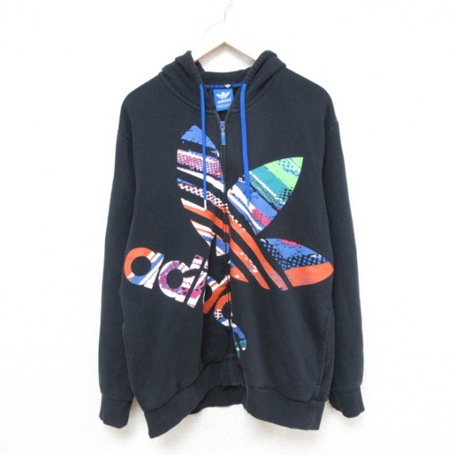 XL★古着 アディダス adidas 長袖 フルジップ スウェット パーカー メンズ ビッグロゴ リーフトレフォイル 黒 ブラック 25mar21 中古 スエット トレーナー トップス