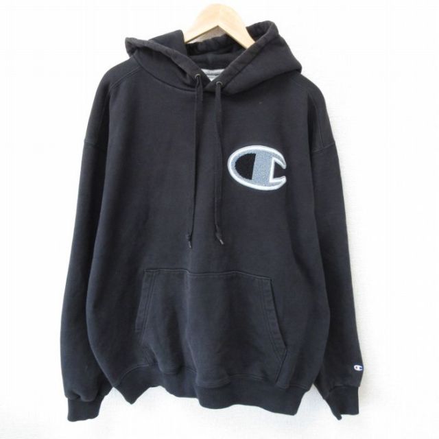 【20%OFF】XL★古着 チャンピオン Champion 長袖 スウェット パーカー メンズ ワンポイントロゴ 大きいサイズ 黒 ブラック 25mar19 中古 スエット トレーナー トップス
