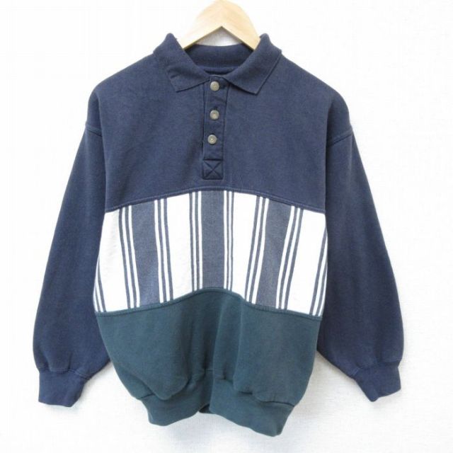 M★古着 シアーズ 長袖 スウェット メンズ 90年代 90s マルチカラー 襟付き 紺他 ネイビー 25mar19 中古 スエット トレーナー トップス