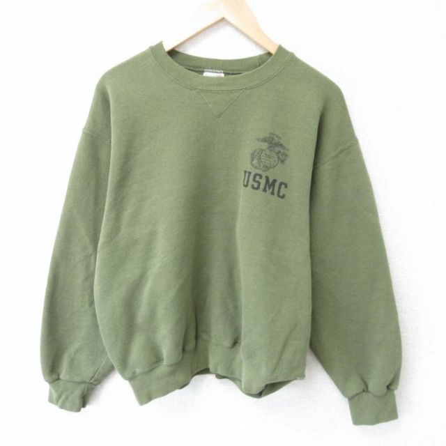 L★古着 長袖 スウェット メンズ 90年代 90s ミリタリー USMC アメリカ海兵隊 クルーネック USA製 濃緑 グリーン 25mar22 中古 スエット トレーナー トップス