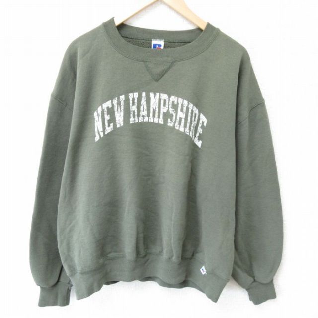 XL★古着 ラッセル 長袖 スウェット メンズ 90年代 90s ニューハンプシャー 大きいサイズ クルーネック USA製 濃緑 グリーン 【spe】 25mar22 中古 スエット トレーナー トップス