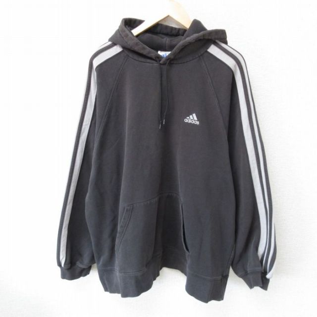 XL★古着 アディダス adidas 長袖 スウェット パーカー メンズ 90年代 90s ワンポイントロゴ 大きいサイズ ラグラン 黒 ブラック 3本ライン 25mar22 中古 スエット トレーナー トップス