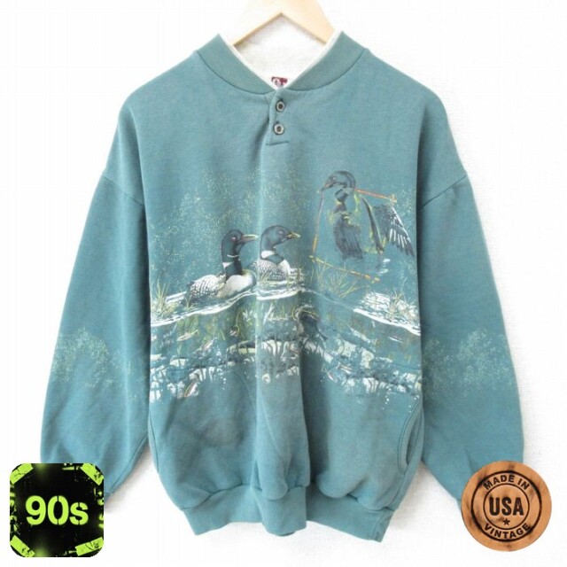 90s 長袖スウェット 鳥 グリーン XL | 古着