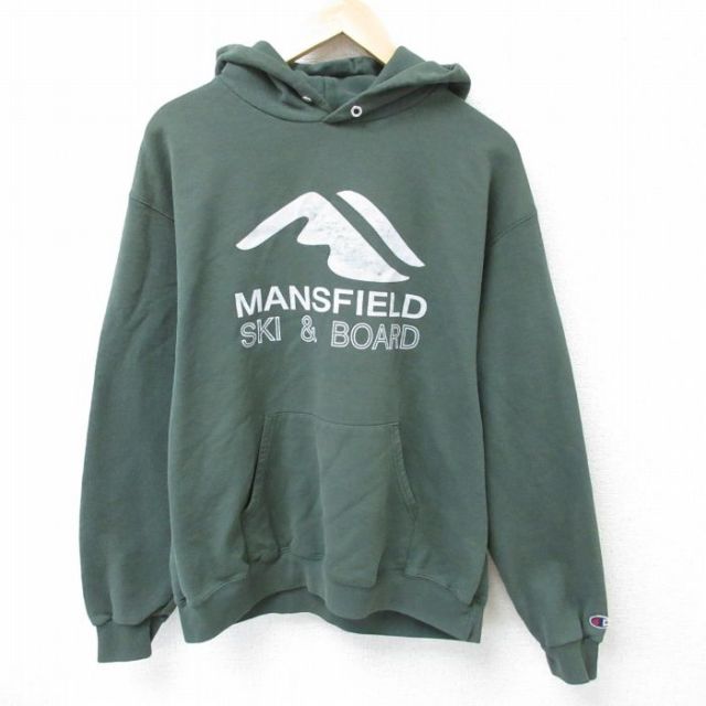 L★古着 チャンピオン Champion 長袖 スウェット パーカー メンズ スキー ボード 濃緑 グリーン 25mar22 中古 スエット トレーナー トップス