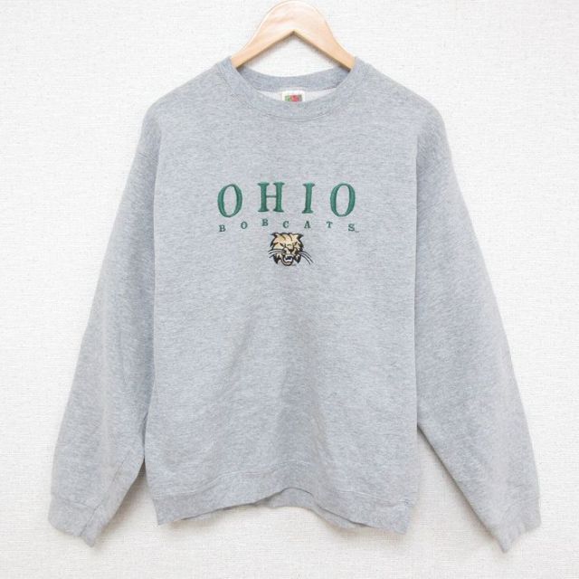 M★古着 フルーツオブザルーム 長袖 スウェット メンズ 00年代 00s オハイオ 刺繍 クルーネック グレー 霜降り 25mar25 中古 スエット トレーナー トップス