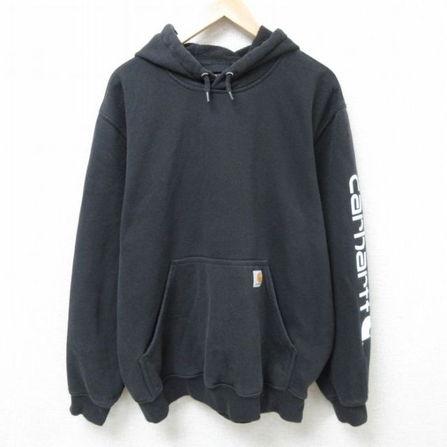 XL★古着 カーハート Carhartt 長袖 スウェット パーカー メンズ ビッグロゴ 大きいサイズ 黒 ブラック 25mar22 中古 スエット トレーナー トップス