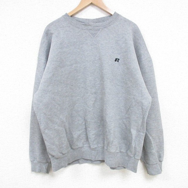 XL★古着 ラッセル 長袖 スウェット メンズ ワンポイントロゴ クルーネック グレー 霜降り 25mar24 中古 スエット トレーナー トップス