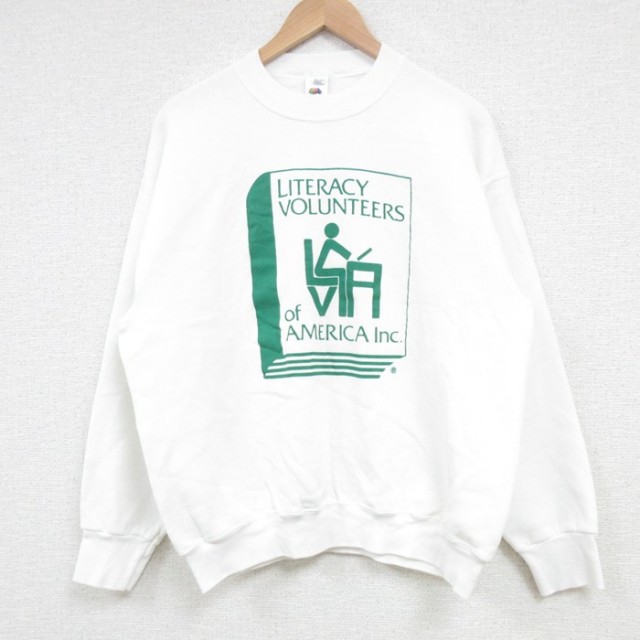 L★古着 フルーツオブザルーム 長袖 スウェット メンズ 90年代 90s LITERACY VOLUNTEERS クルーネック 白 ホワイト 25mar24 中古 スエット トレーナー トップス