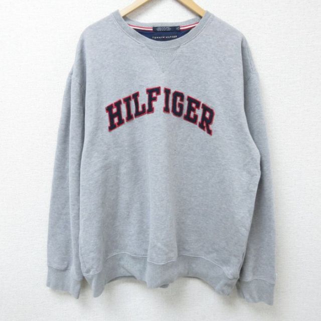 XL★古着 トミーヒルフィガー TOMMY HILFIGER 長袖 ブランド スウェット メンズ ビッグロゴ 刺繍 大きいサイズ クルーネック グレー 霜降り 25mar29 中古 スエット トレーナー トップス