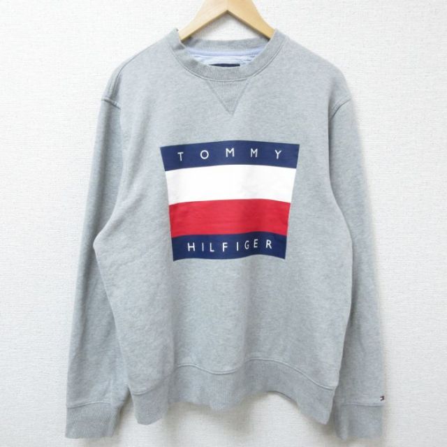 XL★古着 トミーヒルフィガー TOMMY HILFIGER 長袖 ブランド スウェット メンズ ビッグロゴ クルーネック グレー 霜降り 25mar29 中古 スエット トレーナー トップス