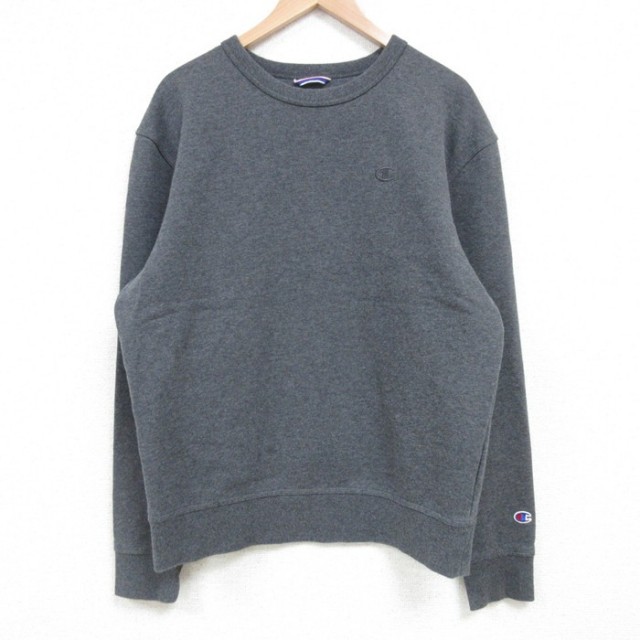M★古着 チャンピオン Champion 長袖 スウェット メンズ ワンポイントロゴ クルーネック 濃グレー 霜降り 25mar25 中古 スエット トレーナー トップス