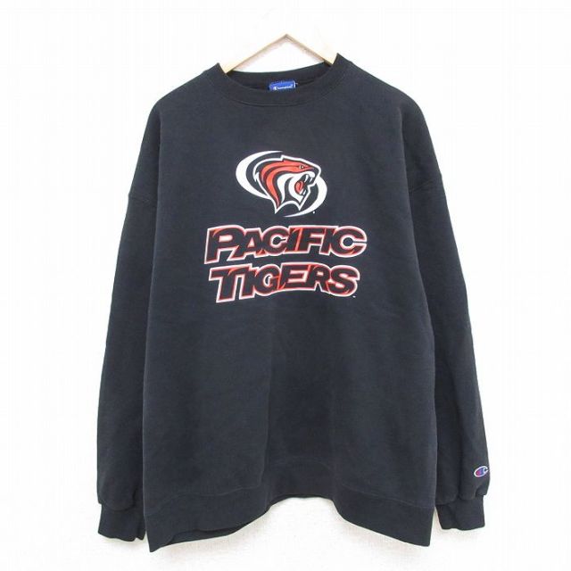 XL★古着 チャンピオン Champion 長袖 スウェット メンズ 00年代 00s パシフィック タイガース 大きいサイズ クルーネック 黒 ブラック 25mar26 中古 スエット トレーナー トップス