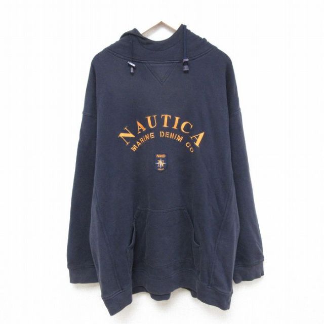 XL★古着 ノーティカ NAUTICA 長袖 ブランド スウェット パーカー メンズ ビッグロゴ 刺繍 大きいサイズ コットン 紺 ネイビー 25mar26 中古 スエット トレーナー トップス