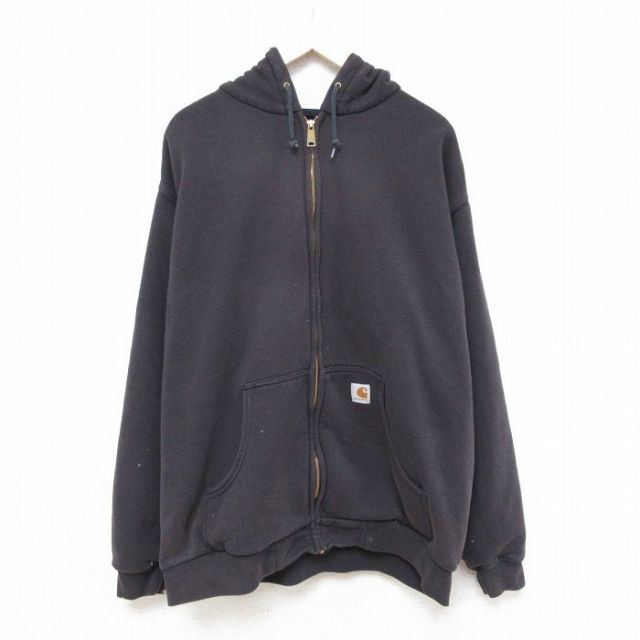 XL★古着 カーハート Carhartt 長袖 フルジップ スウェット パーカー メンズ ワンポイントロゴ 大きいサイズ 黒 ブラック 内側サーマル 【spe】 25mar26 中古 スエット トレーナー トップス