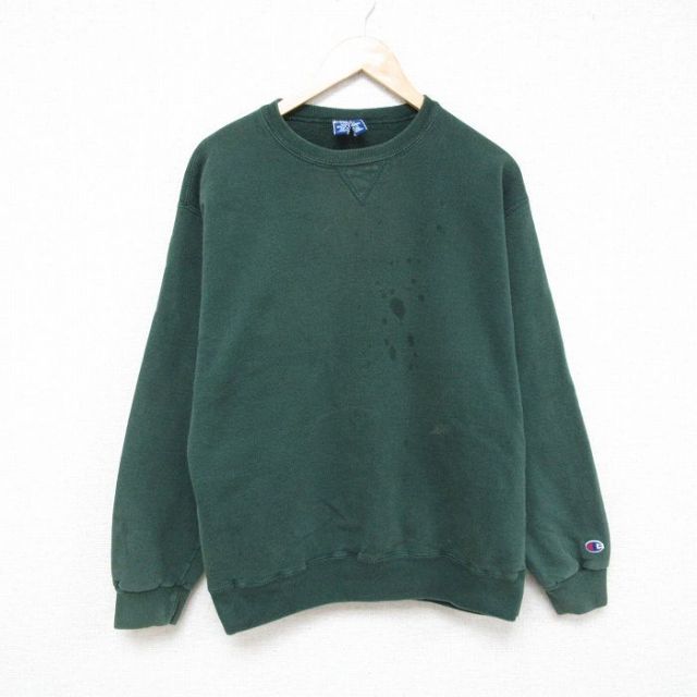 【50%OFF】L★古着 チャンピオン Champion 長袖 スウェット メンズ 90年代 90s 無地 クルーネック USA製 緑 グリーン 25mar26 中古 スエット トレーナー トップス