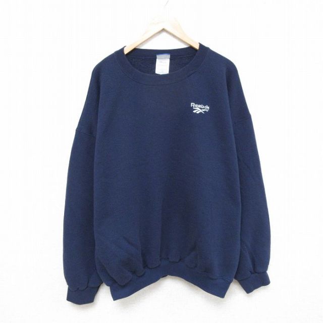 XL★古着 リーボック REEBOK 長袖 スウェット メンズ 90年代 90s ワンポイントロゴ 大きいサイズ クルーネック USA製 紺 ネイビー 25mar26 中古 スエット トレーナー トップス
