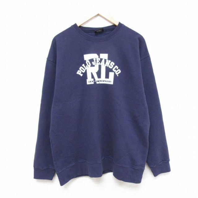XL★古着 ラルフローレン Ralph Lauren ポロジーンズ 長袖 ブランド スウェット メンズ 90年代 90s ビッグロゴ クルーネック USA製 紺 ネイビー 【spe】 25mar26 中古 スエット トレーナー トップス
