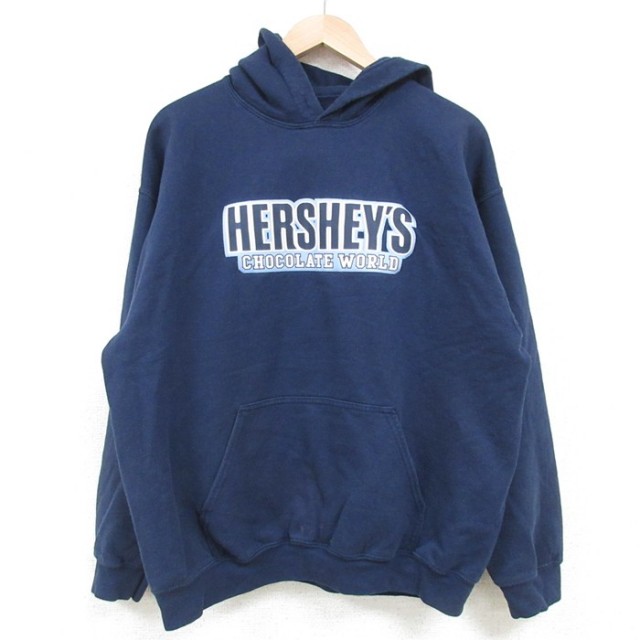 L★古着 長袖 スウェット パーカー メンズ 00年代 00s ハーシーズ チョコレートワールド 紺 ネイビー 25mar27 中古 スエット トレーナー トップス