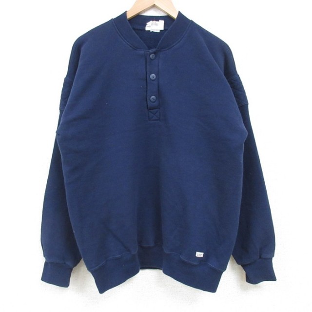 L★古着 リー Lee 長袖 スウェット メンズ 90年代 90s 無地 ヘンリーネック USA製 紺 ネイビー 【spe】 25mar27 中古 スエット トレーナー トップス