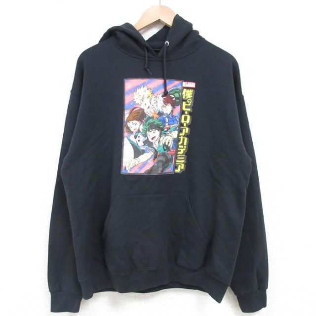 【50%OFF】M★古着 長袖 スウェット パーカー メンズ アニメ 僕のヒーローアカデミア 緑谷出久 グリーン 黒 ブラック 25mar27 中古 スエット トレーナー トップス