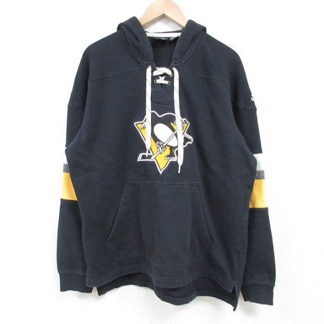 L★古着 アディダス adidas 長袖 スウェット パーカー メンズ NHL ピッツバーグペンギンズ ラグラン 黒 ブラック フード内側メッシュ アイスホッケー 25mar27 中古 スエット トレーナー トップス