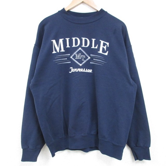 【50%OFF】L★古着 長袖 スウェット メンズ 90年代 90s MIDDLE クルーネック USA製 紺 ネイビー 25mar27 中古 スエット トレーナー トップス