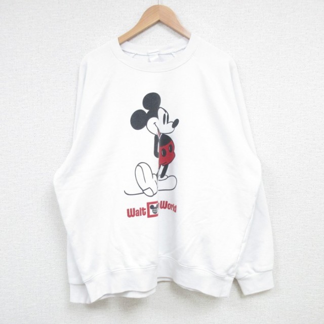 XL★古着 長袖 スウェット メンズ ディズニー DISNEY ミッキー MICKEY MOUSE ラグラン クルーネック 白 ホワイト 25mar27 中古 スエット トレーナー トップス