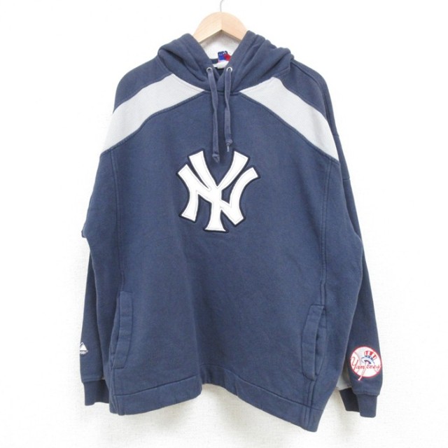 XL★古着 マジェスティック 長袖 スウェット パーカー メンズ 00年代 00s MLB ニューヨークヤンキース 大きいサイズ 紺他 ネイビー メジャーリーグ ベースボール 野球 25mar27 中古 スエット トレーナー トップス