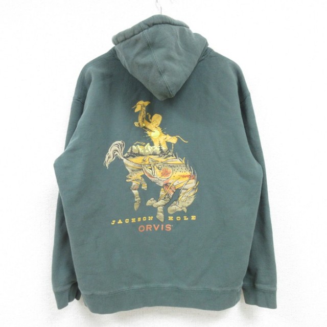 L★古着 オービス ORVIS 長袖 スウェット パーカー メンズ ワンポイントロゴ 緑 グリーン 25mar27 中古 スエット トレーナー トップス