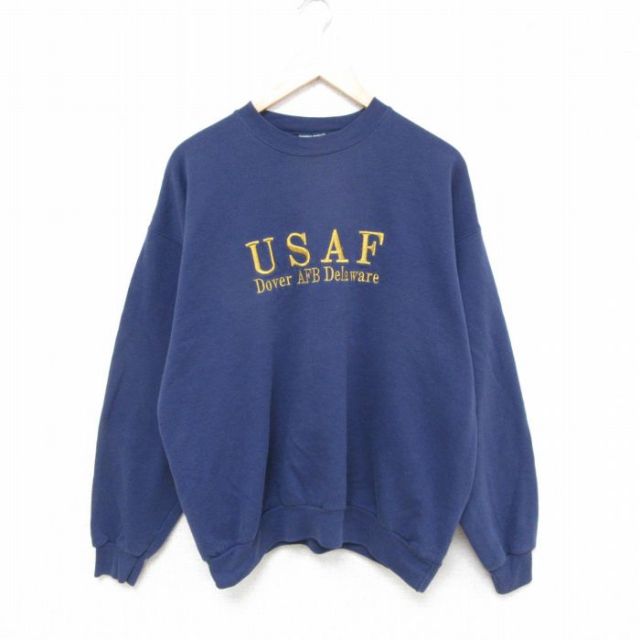 XL★古着 ヘインズ Hanes 長袖 スウェット メンズ 00年代 00s ミリタリー USAF 刺繍 クルーネック 紺 ネイビー 25mar28 中古 スエット トレーナー トップス