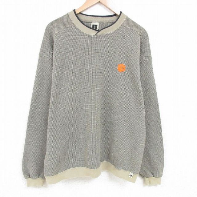 XL★古着 ラッセル 長袖 スウェット メンズ 90年代 90s 肉球 鹿の子 大きいサイズ クルーネック USA製 濃ベージュ カーキ 【spe】 25mar29 中古 スエット トレーナー トップス
