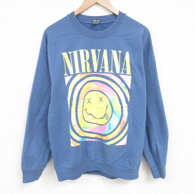 L★古着 長袖 ロック バンド スウェット メンズ ニルヴァーナ ニルバーナ クルーネック 薄紺 ネイビー 25mar29 中古 スエット トレーナー トップス