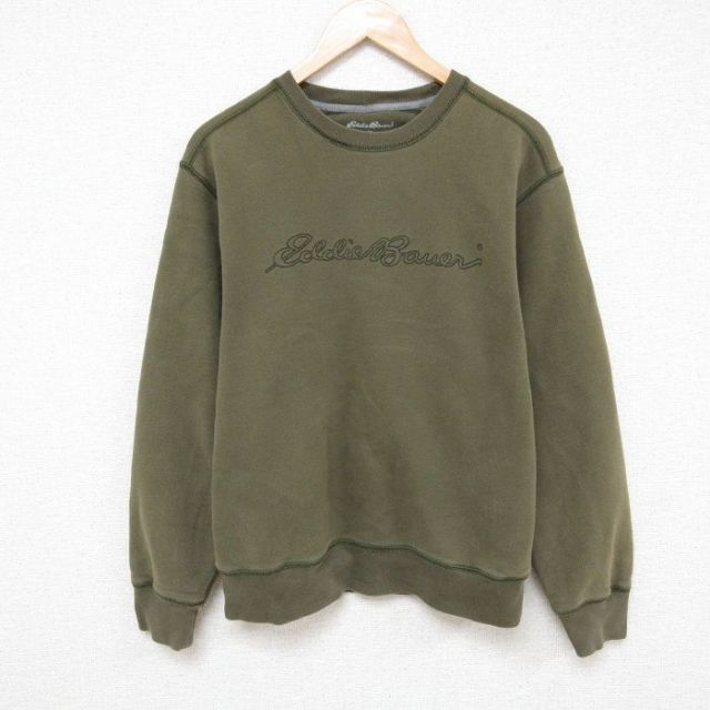 L★古着 エディーバウアー Eddie Bauer 長袖 スウェット メンズ ビッグロゴ 刺繍 クルーネック 濃緑 グリーン 25mar31 中古 スエット トレーナー トップス