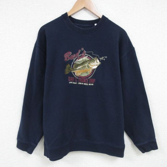 【50%OFF】XL★古着 長袖 スウェット メンズ 魚 刺繍 クルーネック 濃紺 ネイビー 25mar31 中古 スエット トレーナー トップス