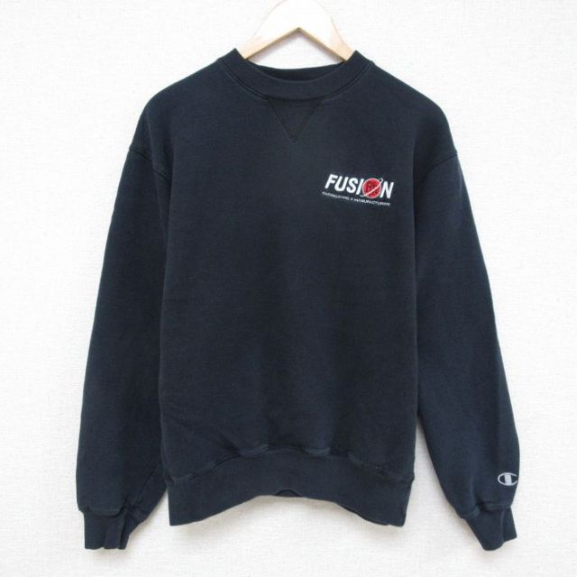 L★古着 チャンピオン Champion 長袖 スウェット メンズ FUSION クルーネック 黒 ブラック 25mar31 中古 スエット トレーナー トップス