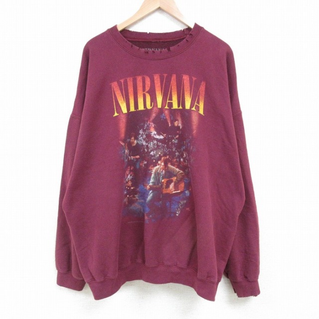 XL★古着 長袖 ロック バンド スウェット メンズ ニルヴァーナ ボロ 大きいサイズ クルーネック エンジ 25mar31 中古 スエット トレーナー トップス