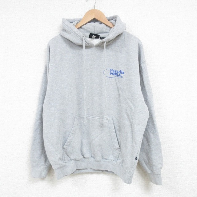 XL★古着 長袖 スウェット パーカー メンズ ワンポイントロゴ Paradis POOLS 薄グレー 霜降り 25mar31 中古 スエット トレーナー トップス