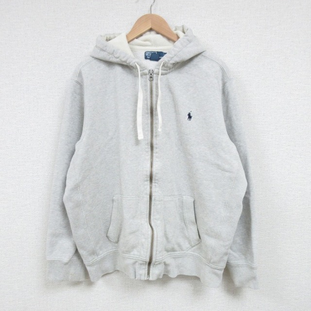XL★古着 ラルフローレン Ralph Lauren 長袖 ブランド フルジップ スウェット パーカー メンズ 90年代 90s ワンポイントロゴ 大きいサイズ 薄グレー 霜降り フード内側サーマル 25mar31 中古 スエット トレーナー トップス