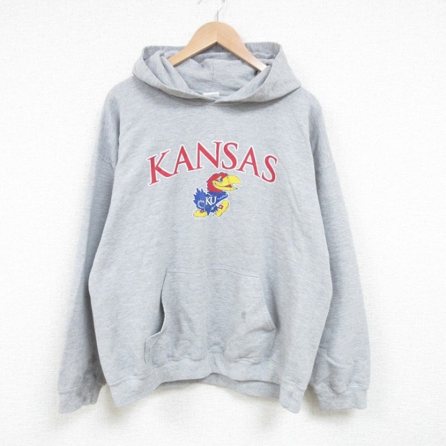 XL★古着 長袖 トップス パーカー メンズ 00年代 00s NCAA カンザスジェイホークス 薄グレー 霜降り 25mar31 中古 スエット トレーナー