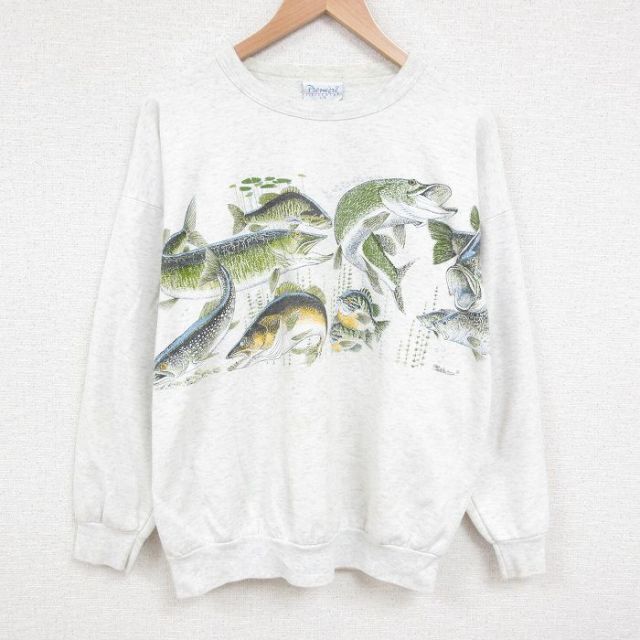 XL★古着 長袖 スウェット メンズ 90年代 90s 魚 大きいサイズ クルーネック 薄グレー 霜降り 25apr01 中古 スエット トレーナー トップス