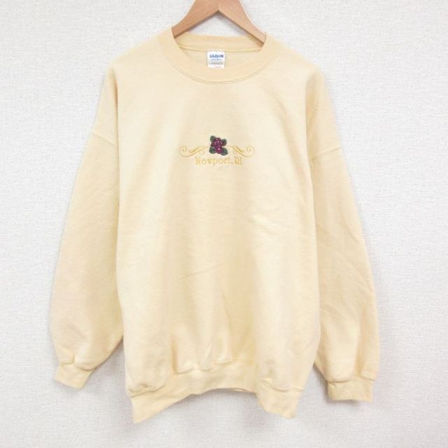 【50%OFF】【50%OFF】XL★古着 長袖 スウェット メンズ 00年代 00s 刺繍 大きいサイズ クルーネック 薄黄 イエロー 25apr01 中古 スエット トレーナー トップス